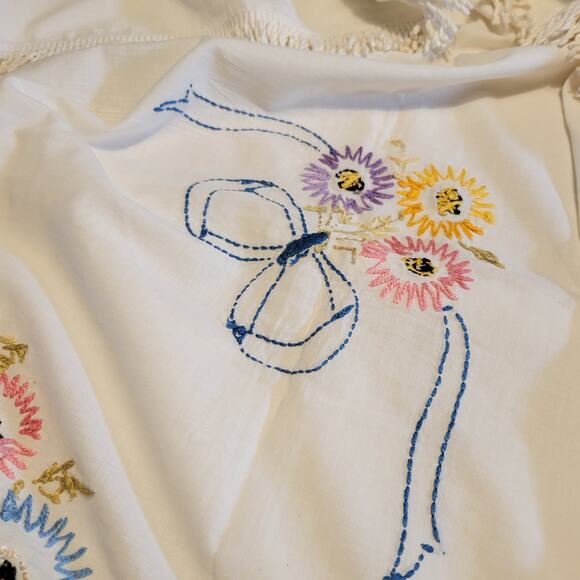 Vintage Handmade Bedspread Embroidered Flowers 72x80 Fringe Edges Floral Retro - Picture 14 of 14